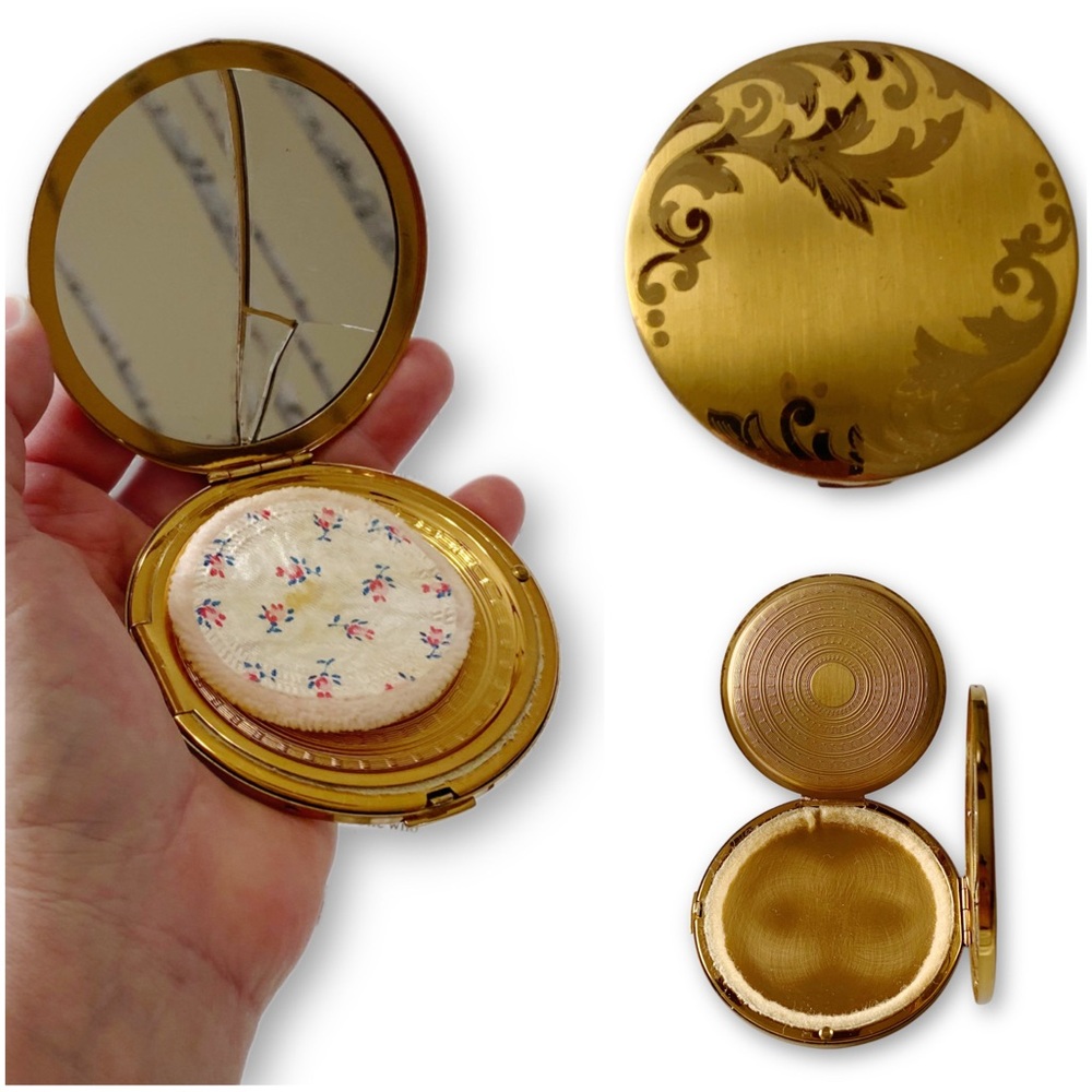 Elgin American Art Deco Antique 3” Gold Tone Brass Powder Mirror Compact